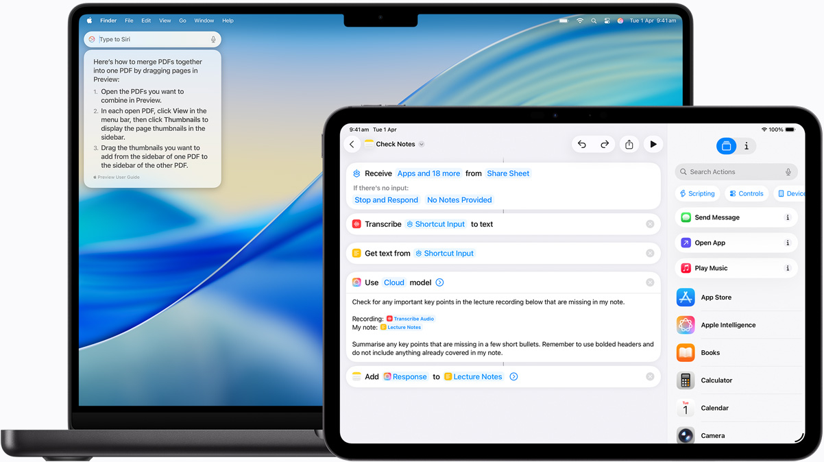 Mac showing Type to Siri, and iPad showing a Shortcut built with Apple Intelligence.