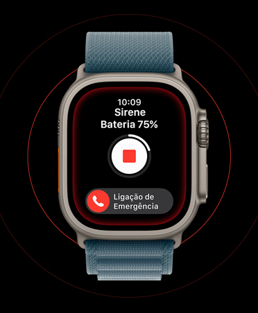 Apple Watch Ultra 3, caixa natural de titânio, tela com a Sirene ativada, botões Parar e Ligação SOS de Emergência, pulseira loop Alpina azul-âncora