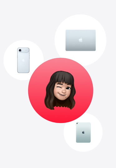 Apple Watch, MacBook e iPad dispostos à volta de um Memoji dentro de um círculo vermelho.