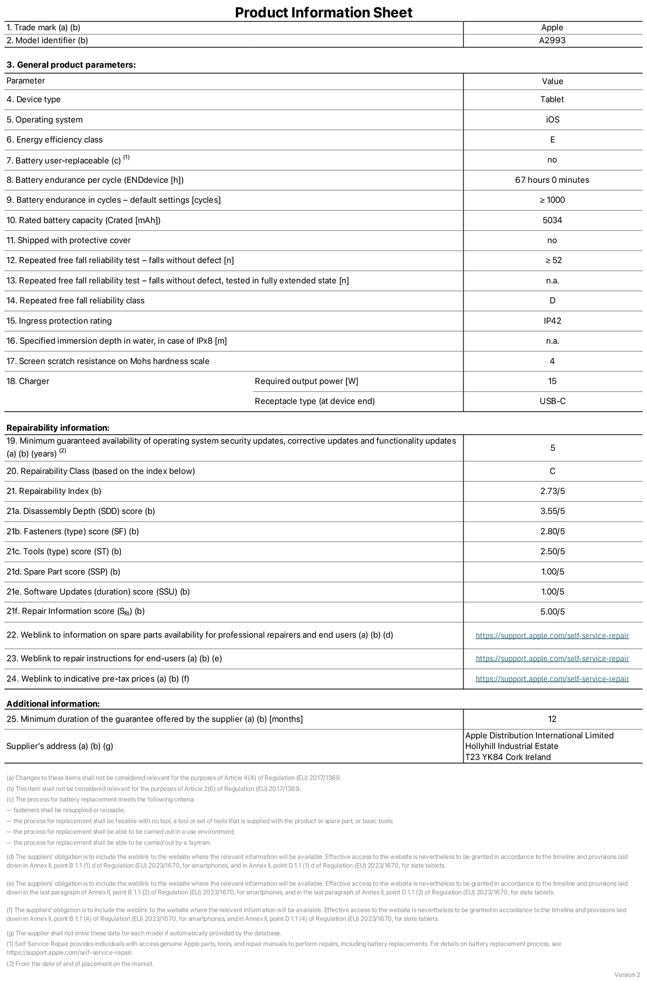 Product information sheet for iPad mini Wi-Fi, model A2993. Supplied by Apple Distribution International Ltd, Hollyhill Industrial Estate. Cork, Ireland, T23 YK84. Device type: tablet. Operating system: iOS. Energy efficiency class: E. Battery user-replaceable: no. Battery endurance: 67 hours. Battery endurance in cycles: greater than or equal to 1,000. Rated battery capacity: 5,034 milliampere-hours. Repeated free fall reliability test - falls without defect: greater than or equal to 52. Repeated free fall reliability class: D. Ingress protection rating: IP42. Screen scratch resistance on Mohs hardness scale: 4. Charger required output power: 15 watts. Charger receptacle type: USB-C. Minimum guaranteed availability of operating system security updates, corrective updates and functionality updates: 5 years. Repairability Class: C. Repairability Index: 2.73/5. Disassembly Depth score: 3.55/5. Fasteners score: 2.80/5. Tools score: 2.50/5. Spare Part score: 1.00/5. Software Updates score: 1.00/5. Repair Information score: 5.00/5. Weblink to information on spare parts availability for professional repairers and end-users: https://support.apple.com/self-service-repair. Weblink to repair instructions for end-users: https://support.apple.com/self-service-repair. Weblink to indicative pre-tax prices: https://support.apple.com/self-service-repair. 12-month general guarantee offered.