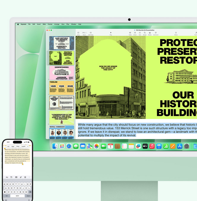 Vihreä iMac ja iPhone vierekkäin. iPhonen Muistiinpanot-apista kopioitu teksti sijoitetaan iMaciin.
