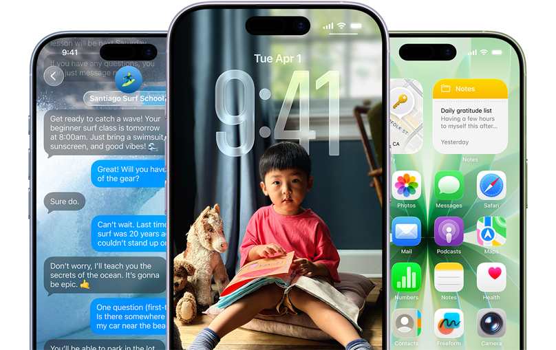 Vista frontal de dispositivos iPhone 17 nas cores azul-névoa, lavanda, verde sálvia e as funcionalidades do iOS: fundo com mensagens, Liquid Glass a mostrar o ecrã bloqueado e o ecrã principal com diversas apps