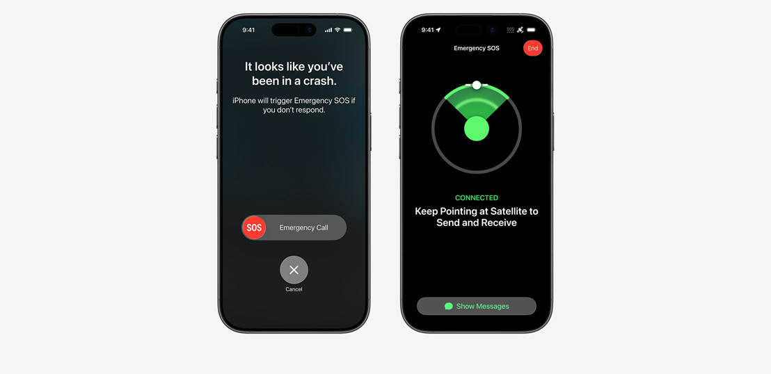 Nebeneinander angeordnete iPhone Displays, das linke zeigt die Unfallerkennung an, das rechte das aktivierte Notruf SOS