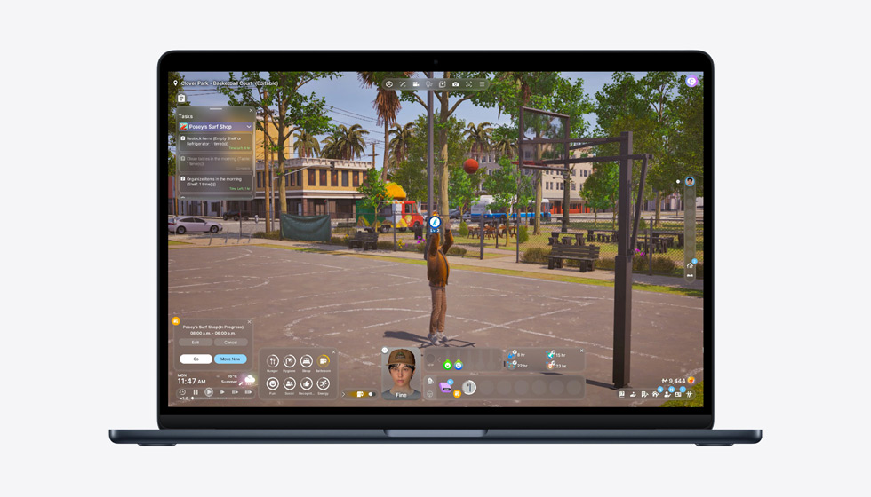 Skjermen på MacBook Air viser den høye ytelsen til M5-chipen under spilling.