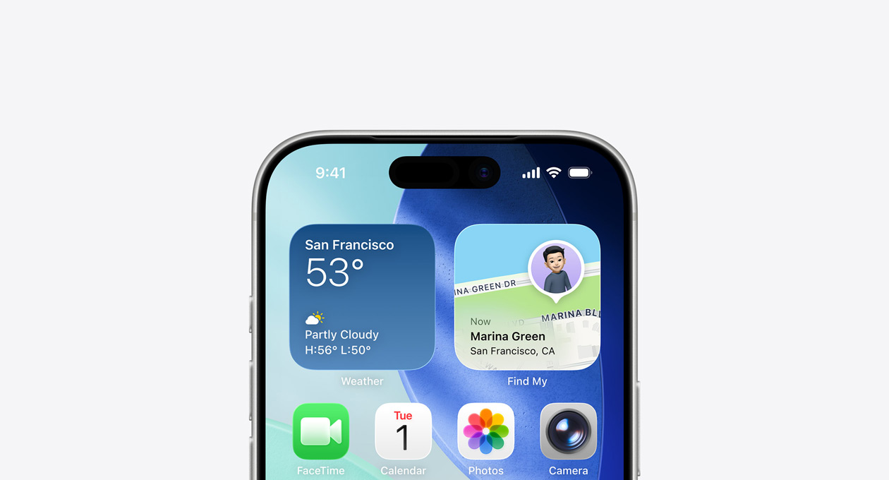 Parte superior do ecrã do iPhone a mostrar o ecrã principal com os widgets Meteorologia e Encontrar na linha superior