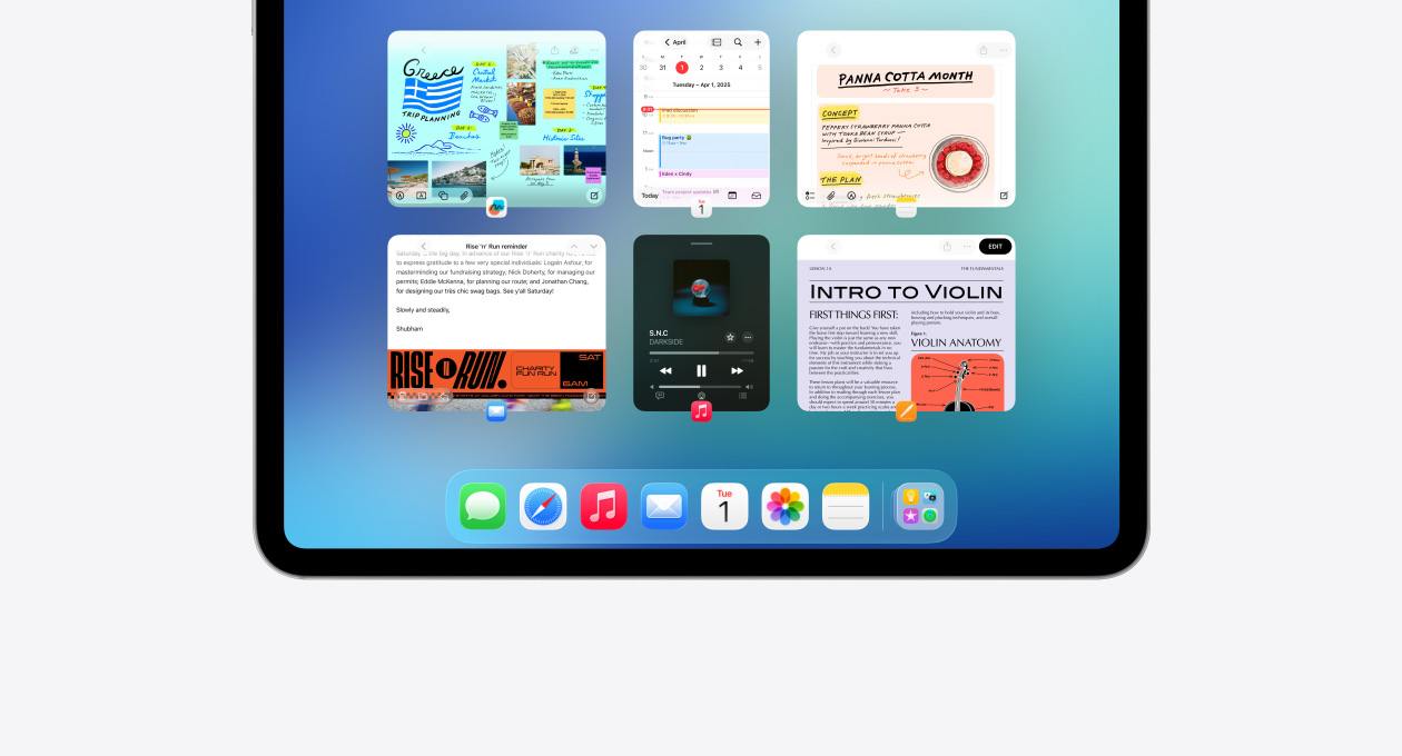 iPad, landscape orientation, shows six windows open in two rows, including Calendar app, Notes app, Apple Music and Safari