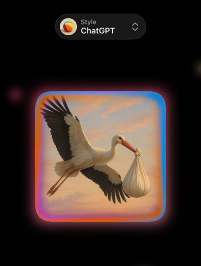 Un écran d’Image Playground affiche une image photoréaliste d’une cigogne tenant un baluchon dans son bec, et des options de styles d’image personnalisés de ChatGPT