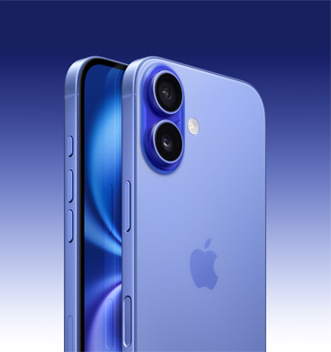 iPhone 16 σε Βαθύ Μπλε Μαρέν φινίρισμα, μερική οθόνη και πλαϊνή όψη που δείχνει το κουμπί Ενέργειας, το κουμπί έντασης ήχου και το πλευρικό κουμπί. Πίσω εξωτερική πλευρά που δείχνει το προηγμένο σύστημα διπλής κάμερας στην επάνω αριστερή γωνία.