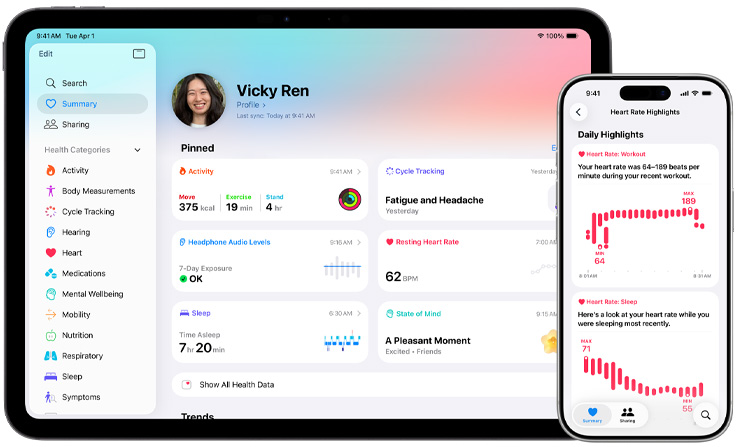 健康 app 顯示健康資料摘要,當中包括健身記錄、經期追蹤、耳筒音訊水平、靜止心率、睡眠及心理狀態