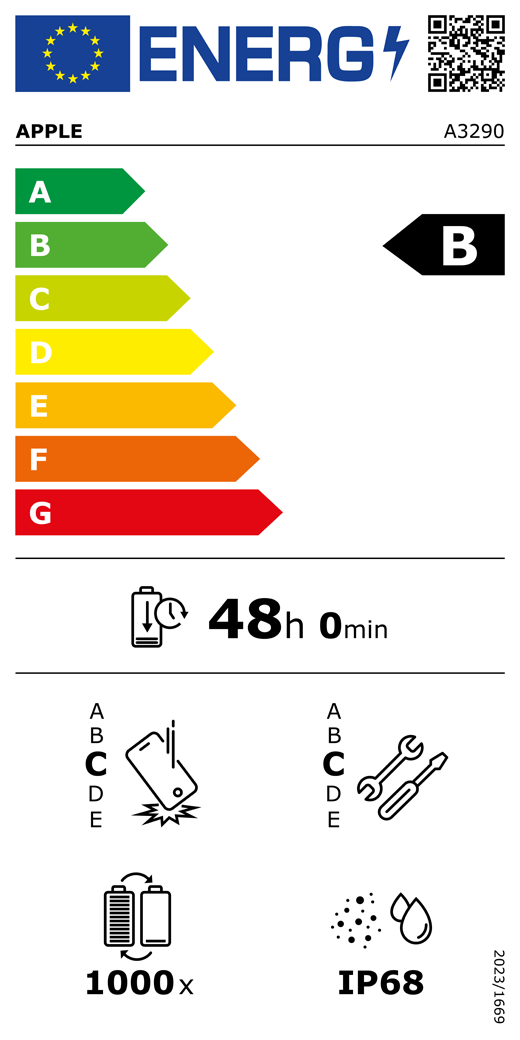EU oznaka energetske učinkovitosti – QR kôd i informacije, Apple model A3290, razred B, razredi energetske učinkovitosti (sa skalom od A do G), A (najučinkovitiji) do G (najmanje učinkovit), izdržljivost baterije po ciklusu, 48 sati i 0 minuta po punom punjenju baterije, klasa pouzdanosti pri ponovljenim slobodnim padovima C, A (najizdržljiviji) do E (najmanje izdržljiv), klasa popravljivosti C, A (najlakše popravljivo) do E (najteže popravljivo), 1000 ciklusa izdržljivosti baterije, zaštita od prašine i vode (IP) ocjena IP68, uredba 2023/1669