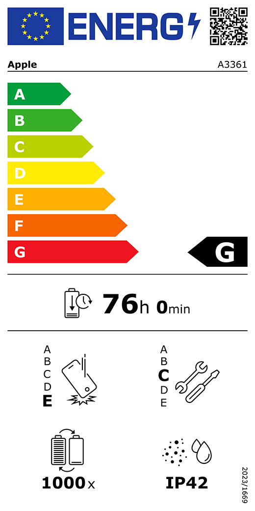 ES energijos vartojimo klasės QR kodas ir informacija, „Apple“ A3361 modelis, G klasė, energijos vartojimo klasės (skalė nuo A iki G), nuo A (didžiausias efektyvumas) iki G (mažiausias efektyvumas), baterijos veikimo trukmė vienu ciklu, 76 val. ir 0 min. esant visiškai įkrautai baterijai, pakartotinio laisvojo kritimo patikimumo klasė E, nuo A (didžiausias patvarumas) iki E (mažiausias patvarumas), pritaikymo remontuoti klasė C, nuo A (labiausiai pritaikytas remontuoti) iki E (mažiausiai pritaikytas remontuoti), 1 000 baterijos veikimo ciklų, apsaugos nuo dulkių ir vandens (IP) klasė IP42, reglamentas 2023/1669