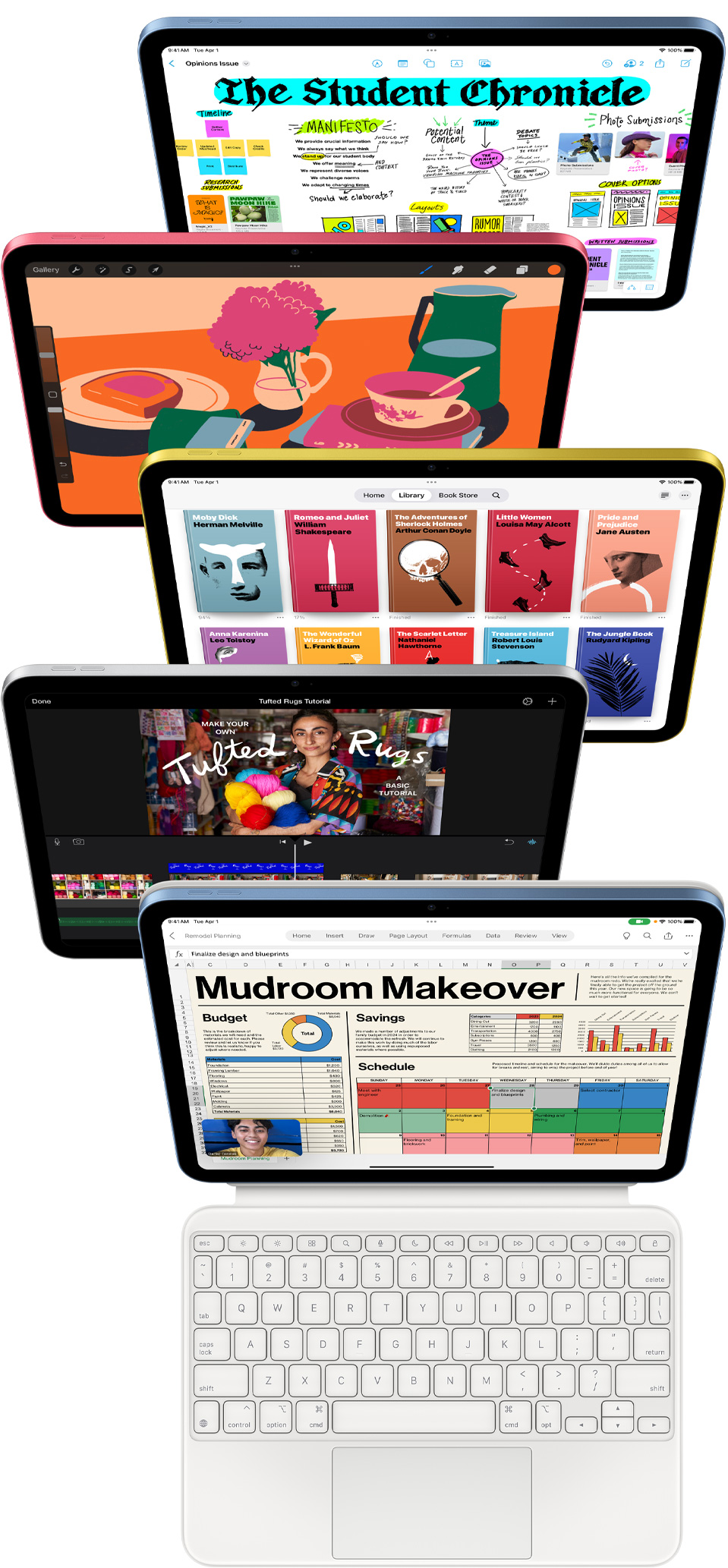 Priekyje esančiuose „iPad“ ekranuose rodomos įvairios programos, įskaitant „Freeform“, „ProCreate“, „Apple Books“, „iMovie“ ir „Excel“ su „Webex Meetings“.