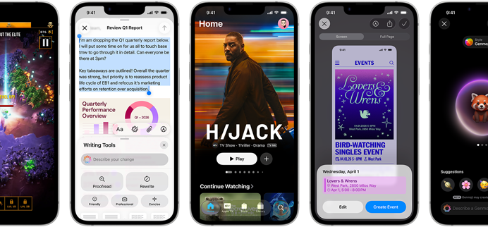 Vienas šalia kito „iPhone 17e“ telefonai su skirtingais ekranais: rašymo įrankiai, programa „Apple TV“, kalendoriaus įvykio kūrimas