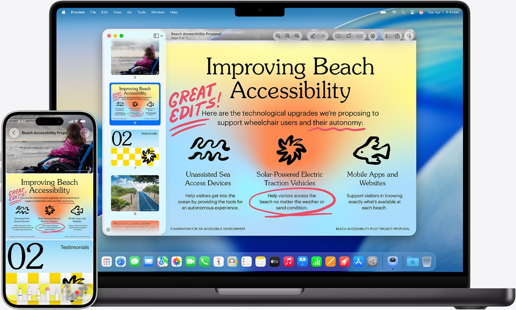 iPhone un MacBook līdzās parāda, kā MacBook izskatās spoguļošanas efekts. Displeja augšpusē ir Calendar un Notes vidžeti, bet aplikācijas – apakšā.