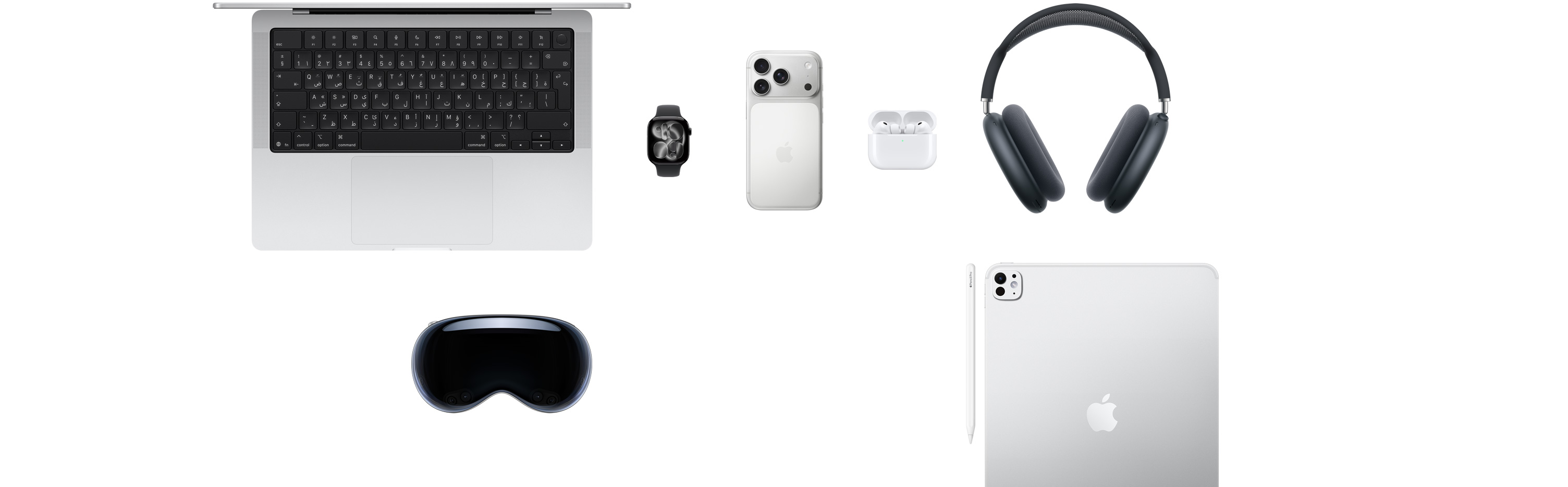 منتجات مختلفة من Apple، تشمل MacBook وApple Watch Series 11 وiPhone 17 Pro وAirPods Pro 3 وAirPods Max.‏
