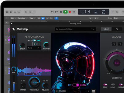 محتوى على شاشة يعرض برنامج MicDrop وهو يستخدم ميزات الذكاء الاصطناعي لتعديل تسجيل صوتي على MacBook Pro