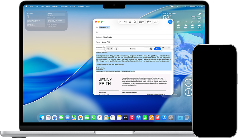 Mac z widocznymi Narzędziami pisania oraz iPhone z widoczną funkcją tłumaczenie na żywo w aplikacji Wiadomości