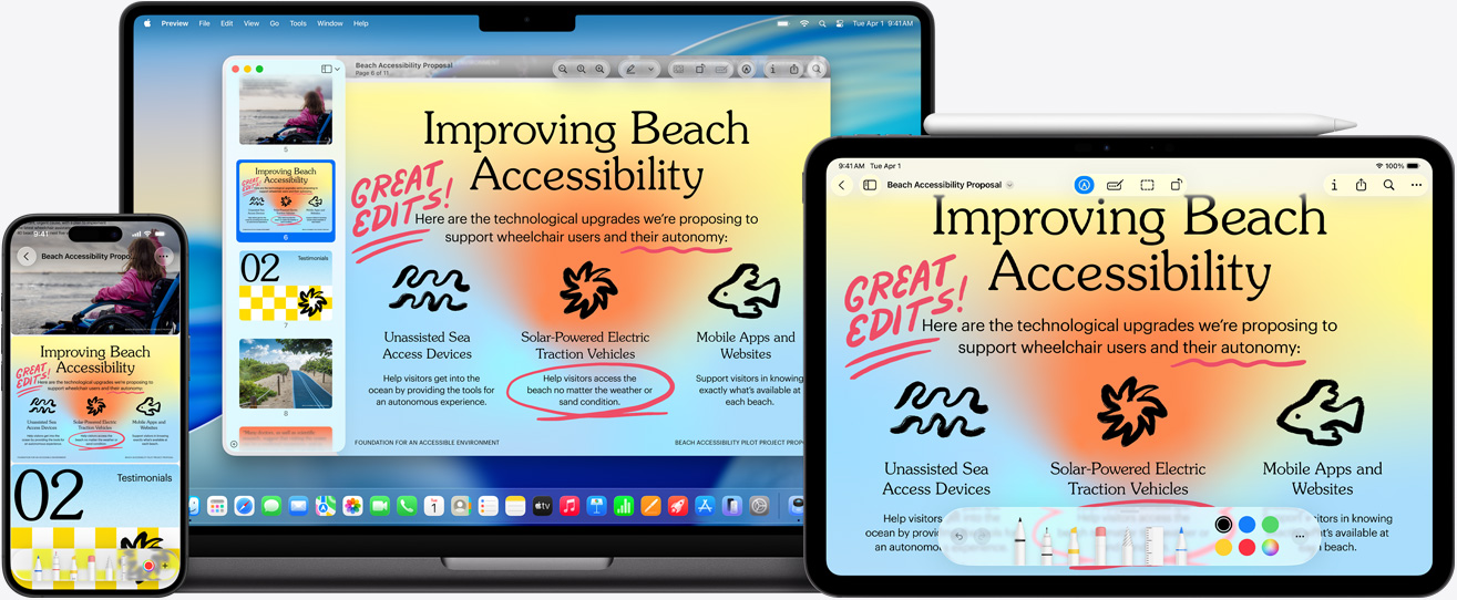 อุปกรณ์ Apple หลายเครื่องที่แสดงภาพเดียวกันบนแต่ละเครื่อง โดยมีการใช้ Apple Pencil ทำเครื่องหมายบนภาพบน iPad และเครื่องหมายนั้นก็ปรากฏบนอุปกรณ์เครื่องอื่นๆ ด้วย