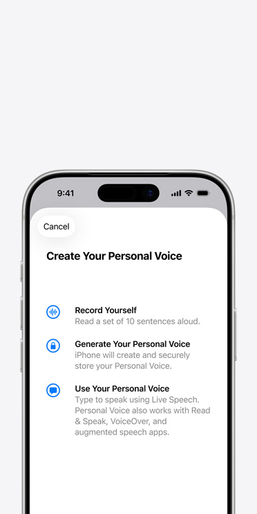iPhone 17 Pro-skærm viser funktionen Personlig stemme med instruktioner om, hvordan man skaber sin personlige stemme