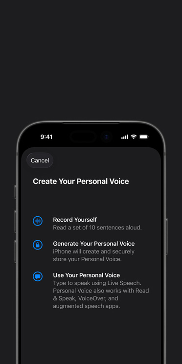 iPhone 17 Pro-skærm viser funktionen Personlig stemme med instruktioner om, hvordan man skaber sin personlige stemme