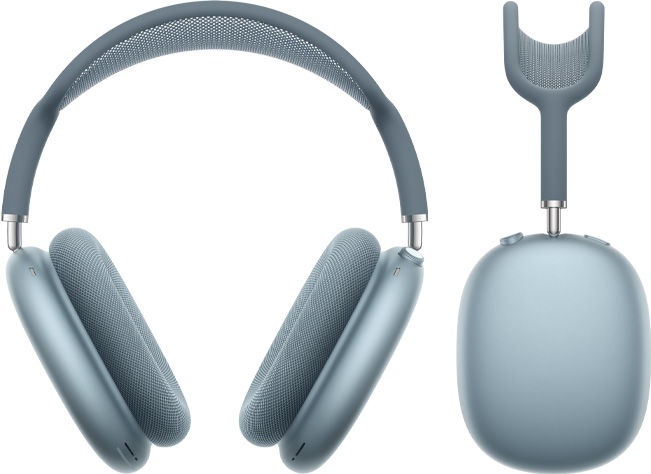 AirPods Max 2 สีฟ้าที่ถ่ายจากด้านหน้าและจากด้านข้าง