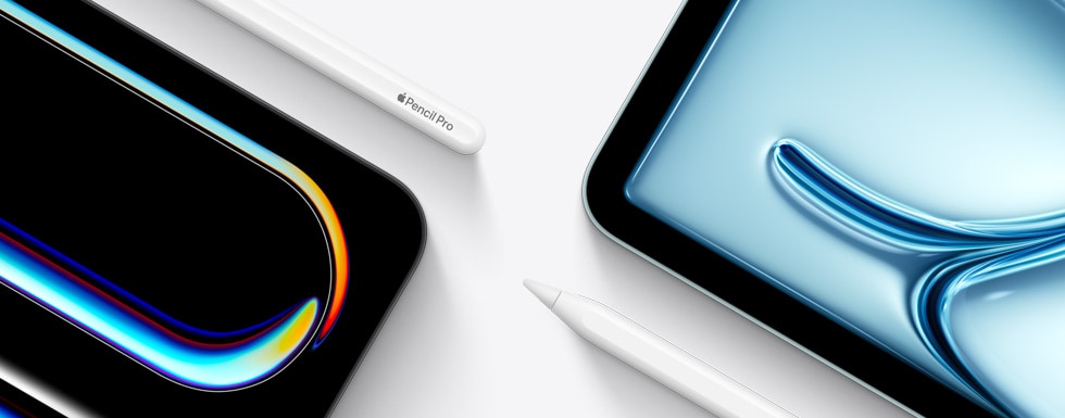 Pravý horní roh iPadu Pro s horní částí Apple Pencilu Pro. Levý horní roh iPadu Air s hrotem Apple Pencilu USB‑C.