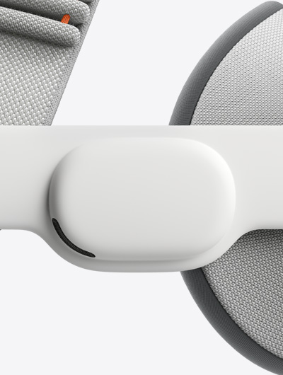 Apple Vision Proの側面のクローズアップ。オーディオストラップが見えている
