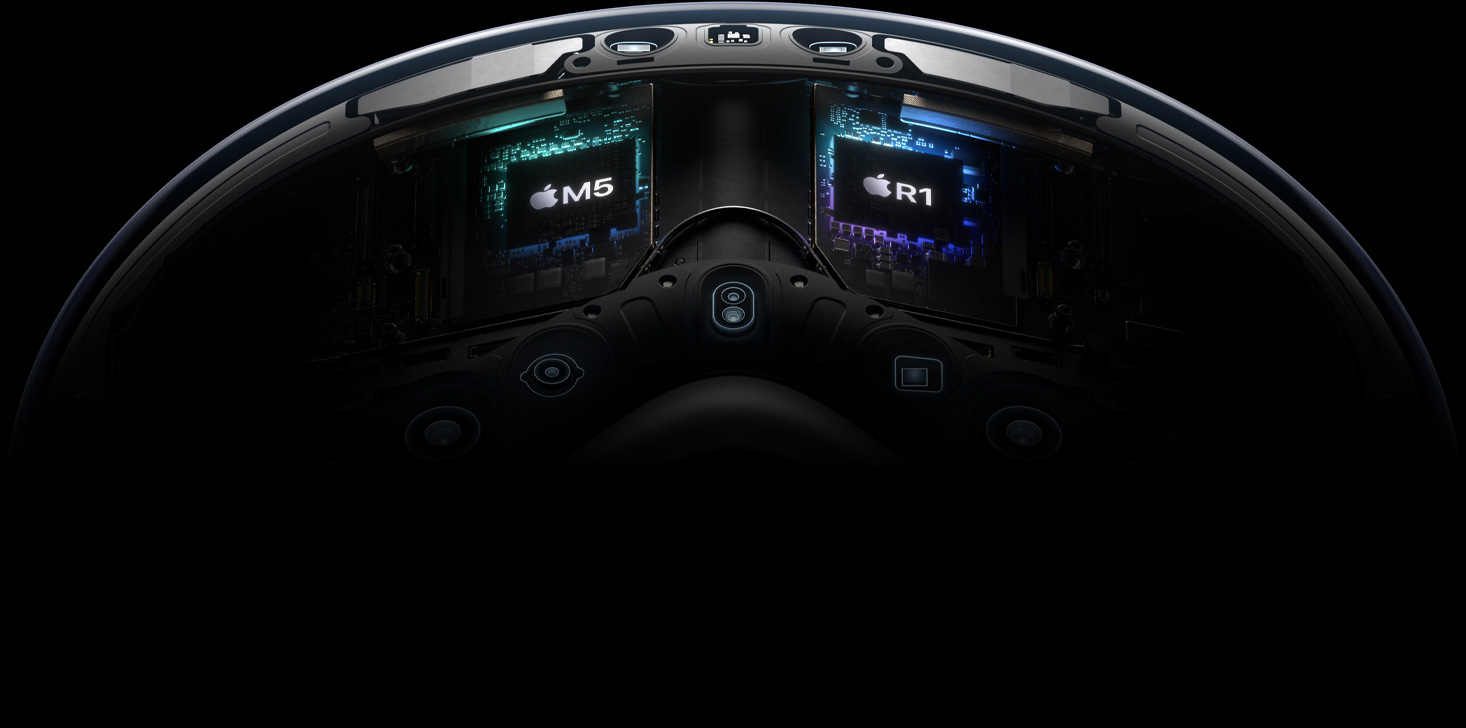 Apple Vision Proの内側の技術的な分解図。M5チップとR1チップがハイライトされている