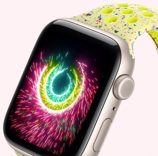 Apple Watch SE 3, Aluminiumgehäuse, Farbe Polarstern, Aktivitätsringe sprühen wie Feuerwerk, Nike Sport Loop in Volt Splash