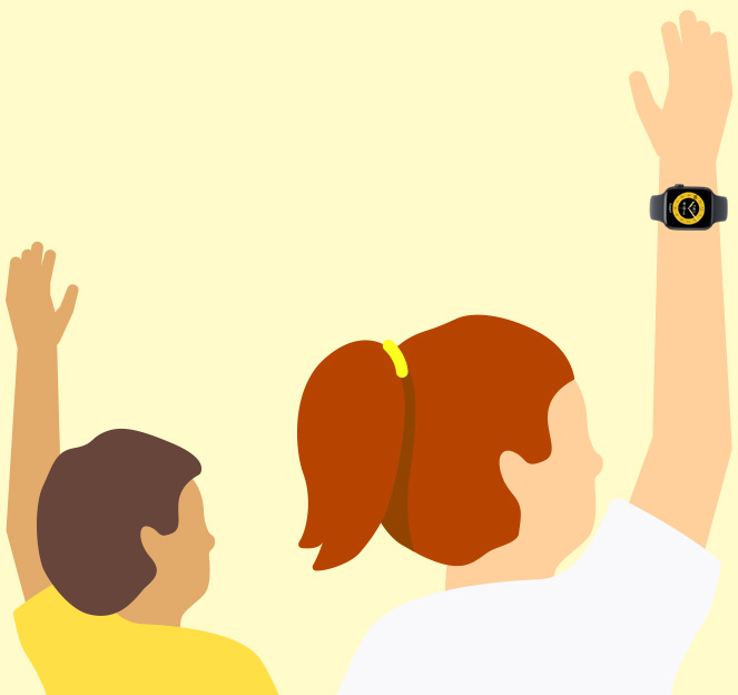 插圖描繪小朋友戴著 Apple Watch SE 3 在學校上課時舉手