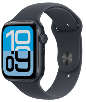 Apple Watch SE 3, Aluminiumgehäuse, Farbe Mitternacht, Wandel Zifferblatt, rechte Seitenansicht, Digital Crown, Mikrofon, Seitentaste, Sportarmband Mitternacht, Pin-Verschluss Silber