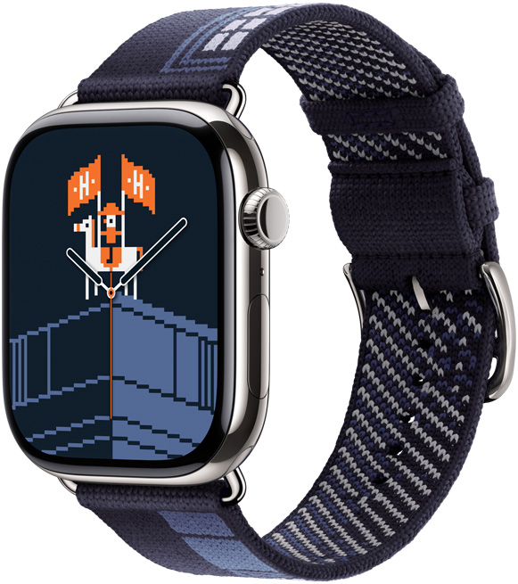 シルバーチタニウムケースのApple Watch Hermès Series 11。フォーブルパーティの文字盤とストラップ
