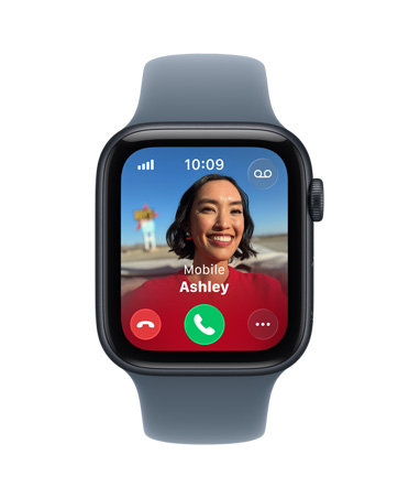 Apple Watch SE 3 med urkasse i aluminium i farven midnat, indgående opkald, kontaktfoto, knapper til at acceptere og afvise opkald, Digital Crown i højre side og Sportsrem i sart lilla