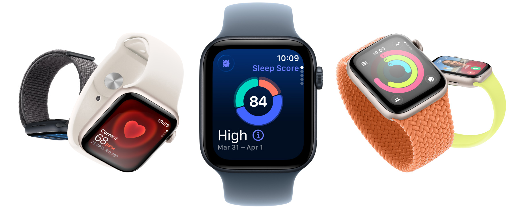 Apple Watch SE 3-enheder med urkasser i aluminium i farverne stjerneskær og midnat, skærmene viser appen Vitalparametre, Puls-appen, Søvnresultat, aktivitetscirkler og indgående opkald