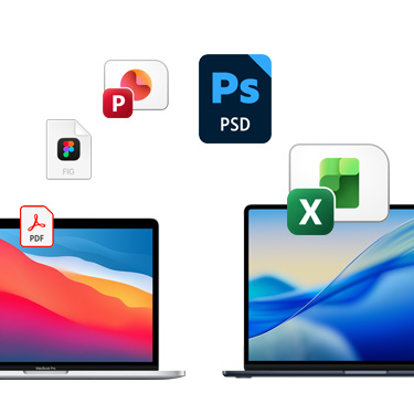 Mặt trước của hai MacBook đặt cạnh nhau với các hình nền màn hình rực rỡ khác nhau. Các biểu tượng tệp hiển thị theo hình vòng cung phía trên MacBook. Các biểu tượng tệp bao gồm tệp Acrobat, tệp Quickbooks, tệp PowerPoint, tệp Photoshop, tệp Excel.