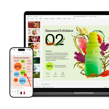 Mặt trước của máy Mac và iPhone hiển thị các phần khác nhau trong cùng một bài thuyết trình sống động và rực rỡ tập trung vào một sản phẩm chăm sóc da.