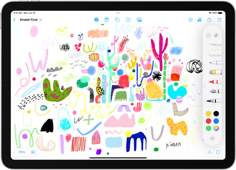 iPad แสดงภาพลิ้นชักเครื่องมือการวาดในแอป Freeform เหนือภาพวาดที่มีสีสัน