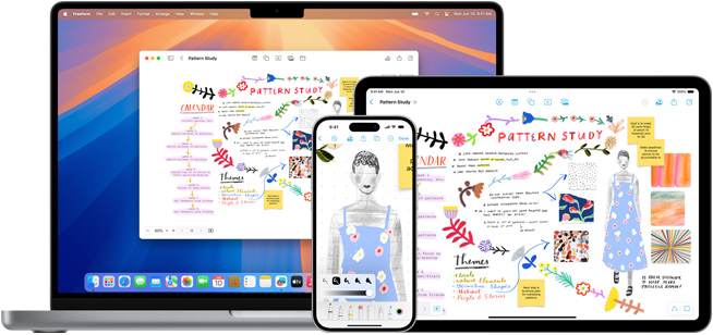 MacBook, iPhone และ iPad ทุกเครื่องแสดงบอร์ด Freeform ที่ชื่อว่าการศึกษารูปแบบ