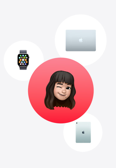 Apple Watch, MacBook, iPad, surrounding a Memoji in red circle.