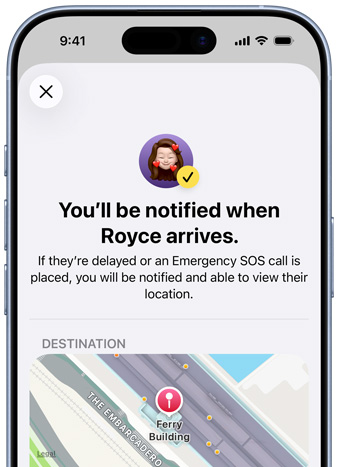 Layar iPhone menampilkan konfirmasi bahwa pemberitahuan Lacak telah diatur, teks bertuliskan 