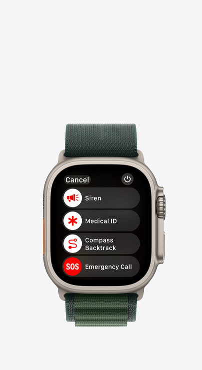 Eine Apple Watch mit einer Liste von Features für den Notfall: Sirene, Notfallpass, Kompass-Backtrack und Notruf SOS