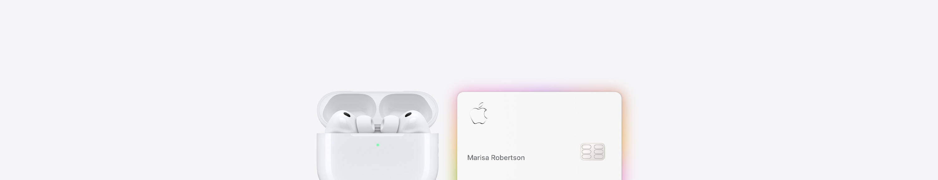 White AirPods Pro 3 in case next to white Apple Card with glowing hues of pink, orange, and yellow around the edge.