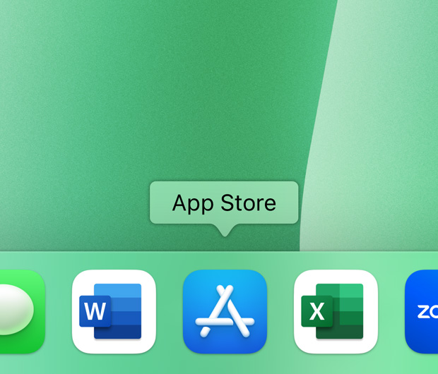 El dock de la iMac muestra los íconos de las apps Contactos, Microsoft Word, App Store, Microsoft Excel y Zoom