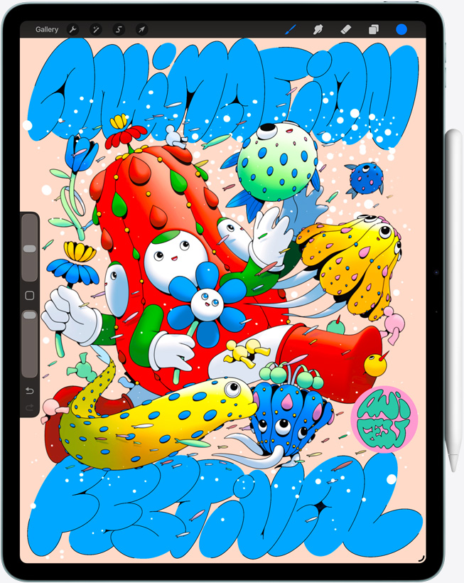iPad Air, pohled zepředu, otevřená aplikace Procreate, pestrobarevná digitální ilustrace s různými postavami a předměty