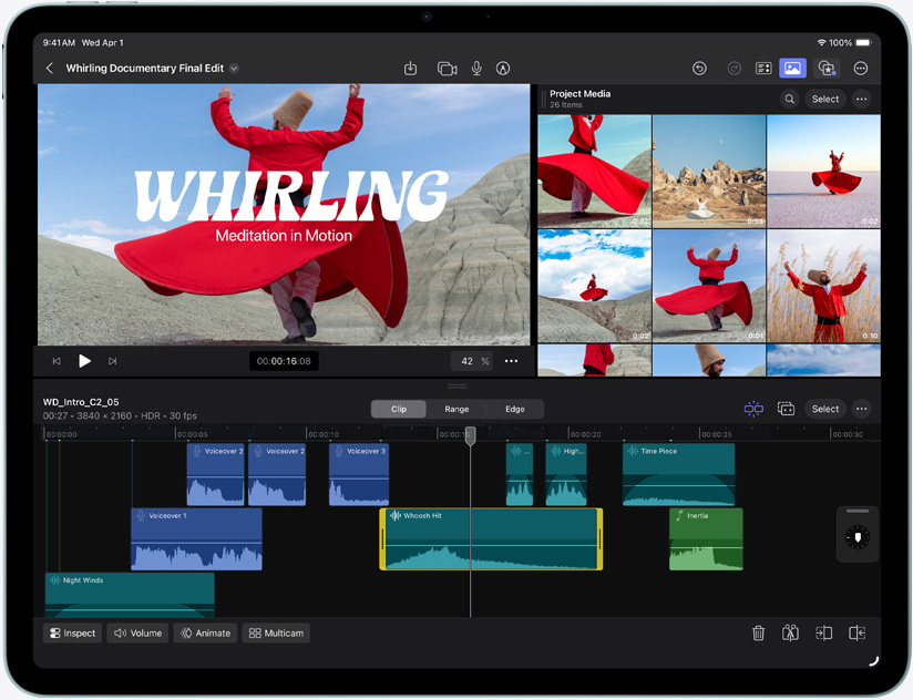 iPad Air, pohled zepředu, na obrazovce je vidět upravování videa ve Final Cutu Pro