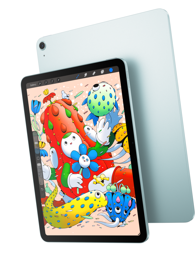 Pohled zepředu na 11palcový iPad Air s otevřenou aplikací Procreate, který překrývá zadní stranu modrého iPadu Air