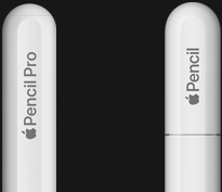 Apple Pencil Pro, side exterior, white colour, rounded end cap engraved with Apple Pencil Pro, Apple Pencil (USB‑C), side exterior, white colour, rounded end cap engraved with Apple Pencil