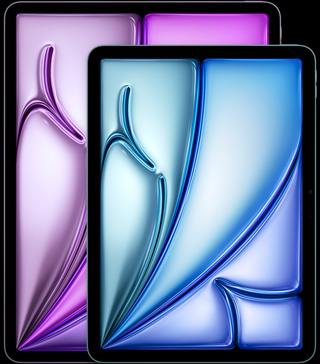 13-inch iPad Air, 11-inch iPad Air, portrait orientation, front exterior, rounded edges, black display bezel, displays showing pink, green and blue abstract shapes
