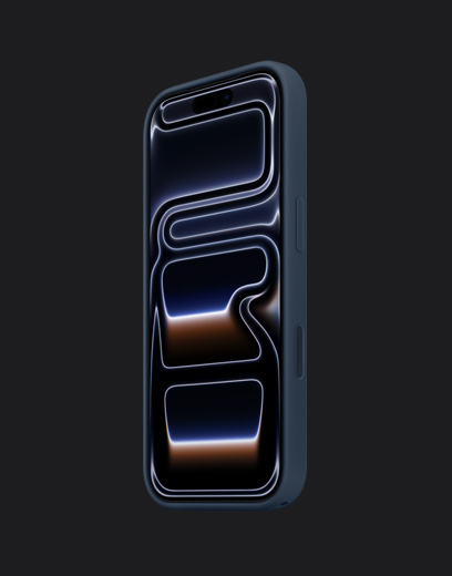 iPhone 17 Pro, front exterior, deep blue finish, with Silicone Case, navy colour