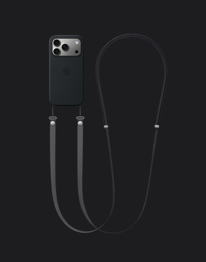 iPhone 17 Pro, back exterior, silver finish, with black Silicone Case with MagSafe and dark grey Crossbody Strap attached